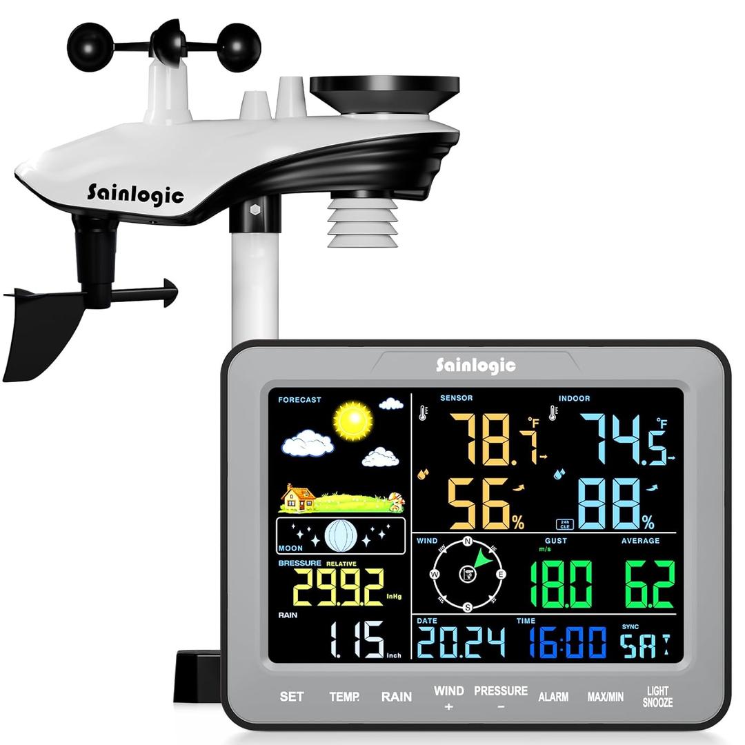 Sainlogic SA68 Weather Station 12-in-1 Weather Station Wireless Indoor Outdoor and Rain Gauge for Temperature, Humidity, Gray (No WiFi)