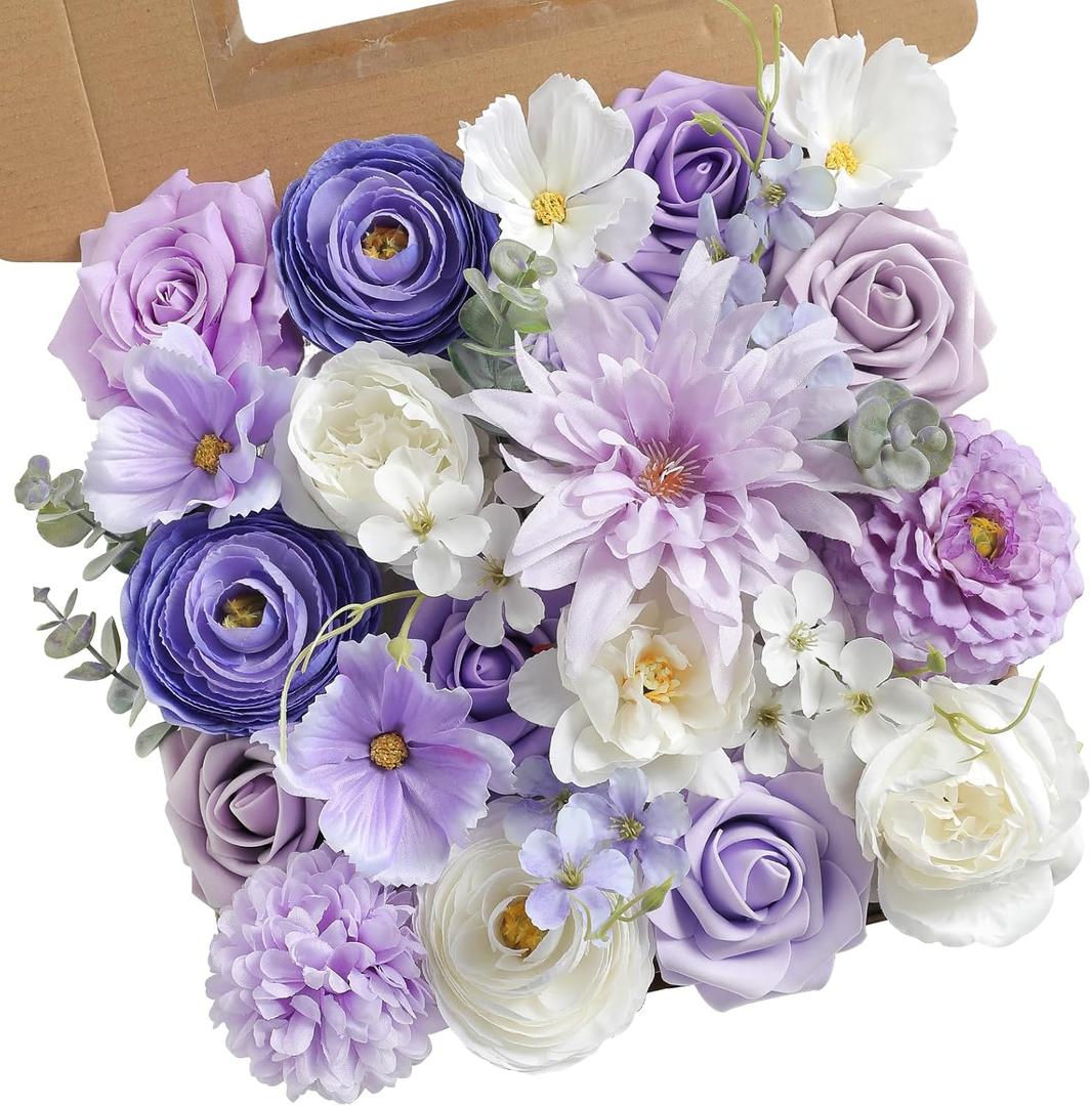 YYHUAWU Artificial Flowers Combo Set Purple Fake Flower Leaf Box with Stems for DIY Wedding Bouquets Centerpieces Flower Arrangements Decorations Baby Shower Party Home Decorations