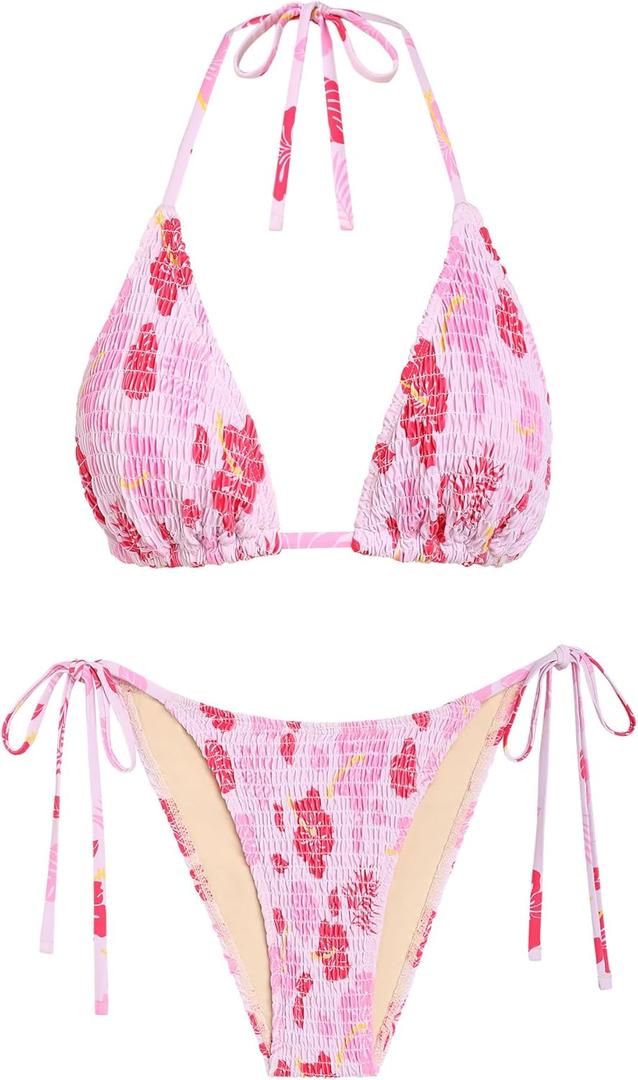 Seamoly Women's Bikini Sets Halter Fishnet Shell Decorated Two Piece Swimsuit Sexy Side Tie Thong Bandeau Bathing Suits, Size XS (Pink Floral)