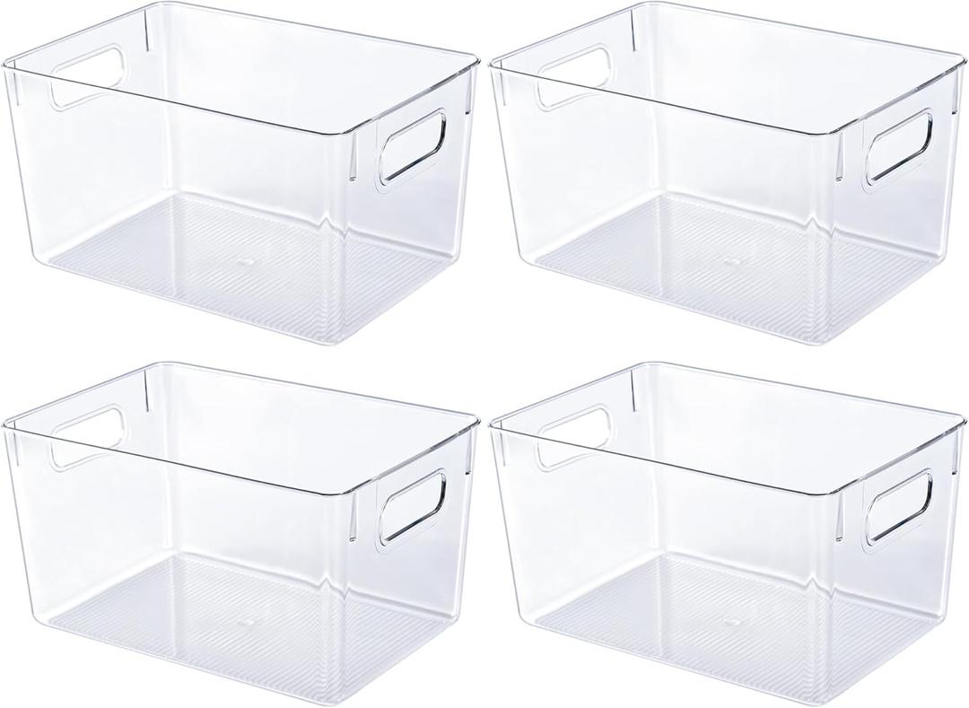 JollyPack 4 Pack Clear Plastic Storage Bins, Pantry Organizers and Storage with Handles, Clear Storage Containers for Fridge, Kitchen, Cabinet, Bathroom and Office (4pack 11.2"Lx 7.5"W x 6" H)