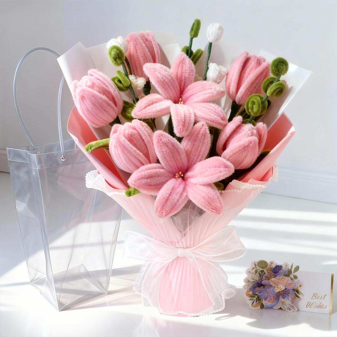 Handmade Pipe Cleaner & Crochet Flower Bouquet,Preserved Fake Flowers Gifts for Women Lover Anniversary Mother's Day Graduation (Pink)