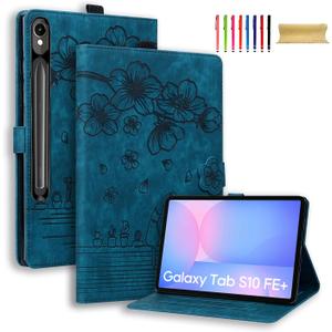 Case for Samsung Galaxy Tab S10 FE Plus 13.1 Inch 2025 SM-X620 X626B, Premium PU Leather with Blossom Pattern Flip Cover with Shockproof TPU Multi-Angle Stand & Card Holder Tablet Case, Blue