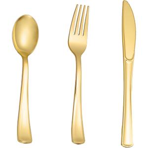 N9R 60pcs Gold Plastic Silverware - Gold Plastic Cutlery Set Disposable Flatware Dinnerware -30 Forks, 15 Spoons, 15 Knives for Party, Thanksgiving, Christmas (Gold-60pcs)
