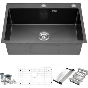 28 Inch Drop in Kitchen Sink with Overflow Gunmetal Black, 16 Gauge Stainless Steel Single Bowl Topmount Kitchen Sink, 9 Inch Deep Sink with Dish Grid, Roll Drainer and Basket Strainer
