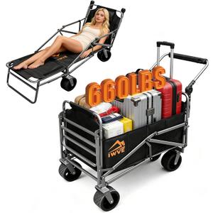 Heavy Duty Folding Wagon Cart 660 lb Capacity, 3-in-1 Collapsible Utility Wagon with Adjustable Handle and All-Terrain Wheels for Camping, Beach, Grocery, Outdoor Use