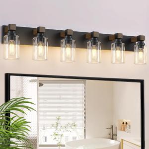 Farmhouse Bathroom Vanity Light Fixtures, Rustic 6-Light Wood Vanity Lights for Bathroom, Vintage Black Wall Sconces Lighting, Light fixtures Over Mirror, with Glass Shade