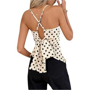 SweatyRocks Women's Crisscross Tie Back Spaghetti Strap Elegant Tops Polka Dots Ruffle Camisoles (White)