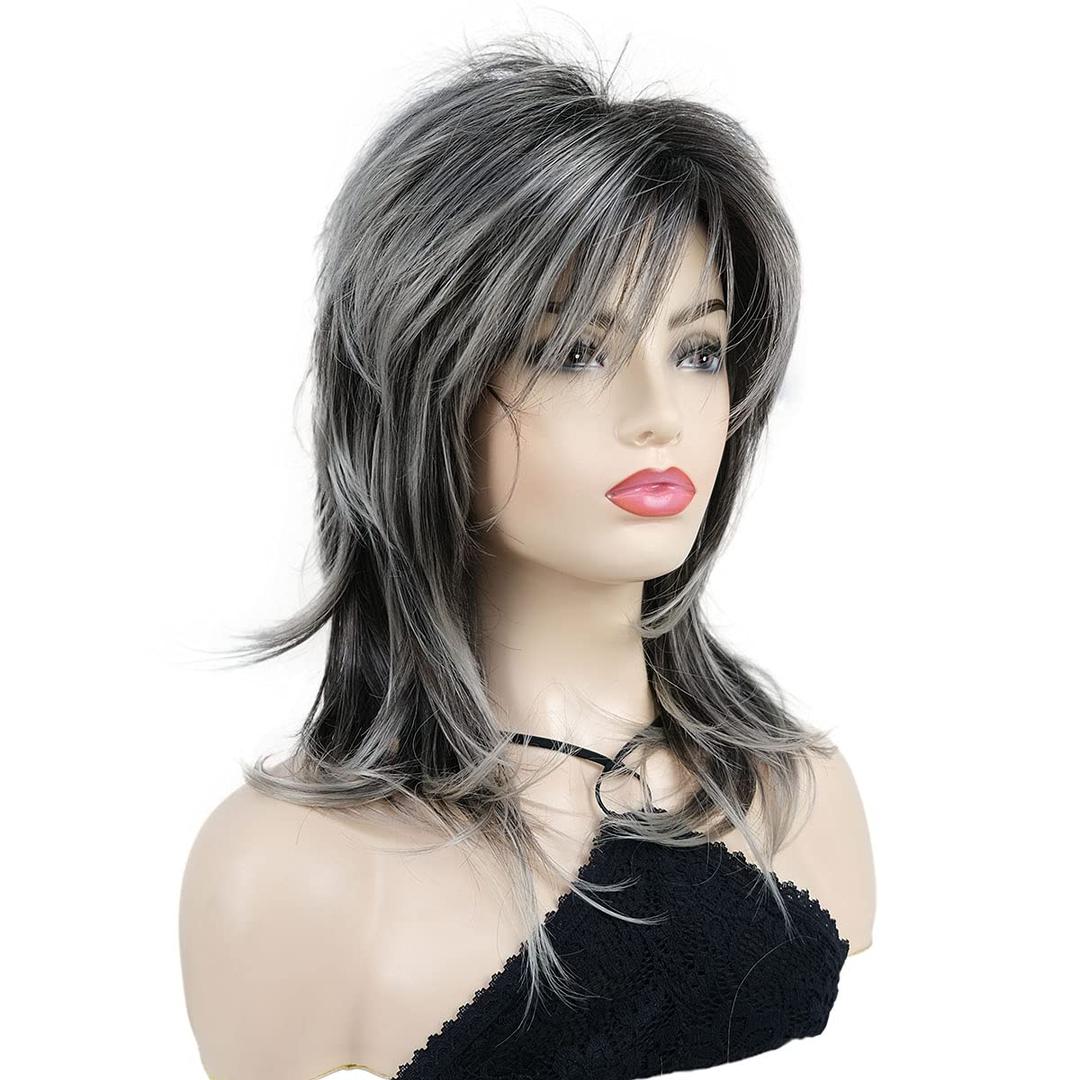 Wiginway Shaggy Layered Wig with Bangs, Shoulder Length Natural Straight Shags Wig, Soft Synthetic Hair, Brown Auburn Black Blonde Silver