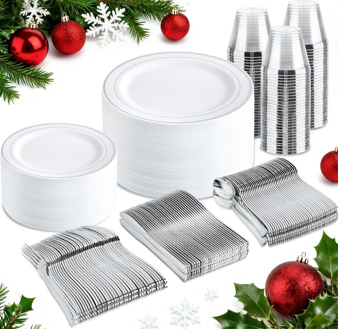 bUCLA 300PCS Silver Disposable Plastic Dinnerware Set - 50 Guests White Silver Disposable Plates Include 50 Dinner Plates,50 Dessert Plates,50 Knives,50 Forks,50 Spoons,50 Cups for Party & Christmas