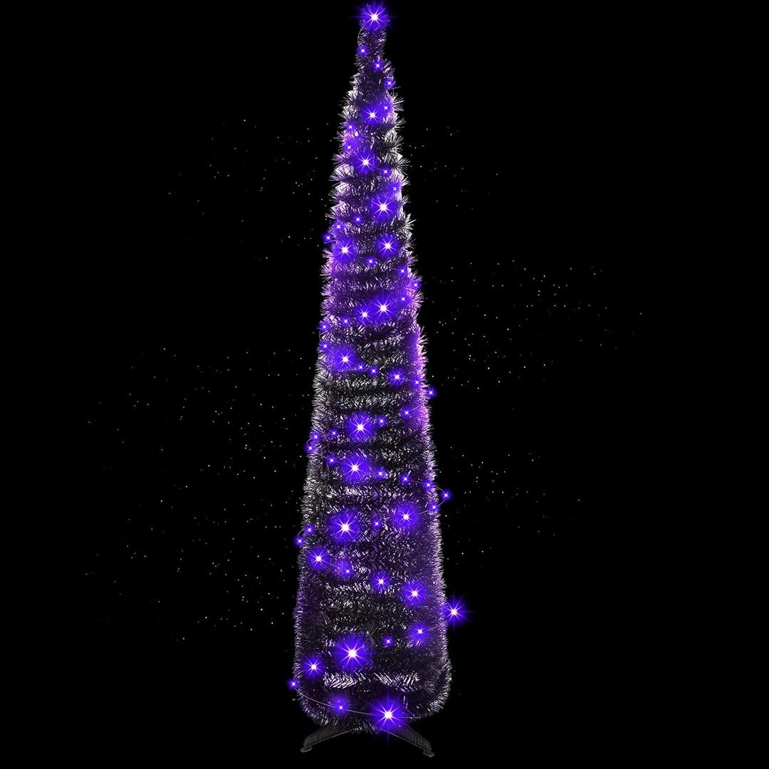 Aoriher 5 ft Pre-lit Pop up Collapsible Black Christmas Tinsel Tree Decor with Purple String Lights Reusable Artificial Sequins Pencil Slim Tree with 4 Legged Bracket Holiday Party Indoor Outdoor Home