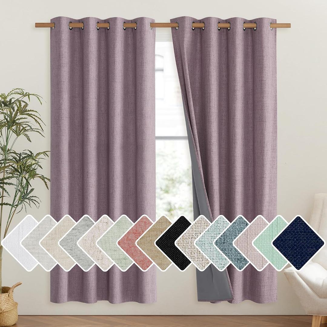 NICETOWN Chaise Mauve Vintage Linen 100% Blackout Curtains for Living Room, Thermal Insulated Curtains 72" Long, Noise Reducing Window Treatment Drapes for Hall Room, 52" Wide Per Panel, Set of 2