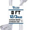 YOJOE 3-Outlets Indoor Outdoor Extension Cord, 3 Prong 15A Weatherproof Power Cord Multiple Outlets, 12 Gauge Heavy Duty 8 ft White Extension Cord for Garage, Garden, 12/3 SJTW UL Listed