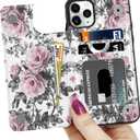 LETO for iPhone 12 Mini Pro Case,iPhone 12 Mini Case,Luxury Flip Folio Leather Wallet Cover with Fashion Designs for Girls Women,Card Slots Kickstand Protective Phone Shell Elegant Pink Flowers