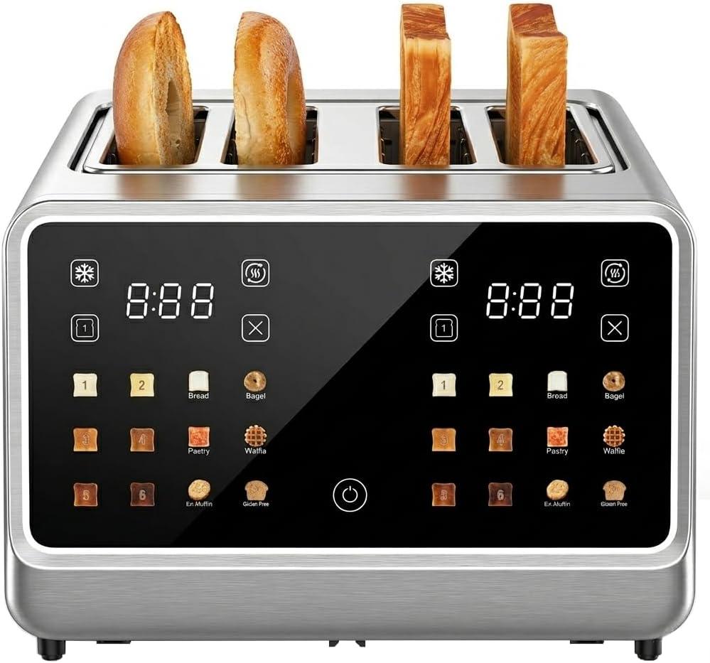 4 Slice Touch Screen Toaster with LCD Display Stainless Steel Digital Toasters 6 Bread Types& 6 Shade Settings Smart Extra Wide Slots Toaster With Bagel Cancel Defrost Reheat Functions