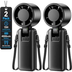 2 Pack Portable Mini Handheld Fan, 199-Level Stepless Speed,Black | 4000mAh Rechargeable Battery, Quiet, LED Digital Display, Personal Cooling Turbo Fan for Travel, Office, Makeup & Concerts, Small