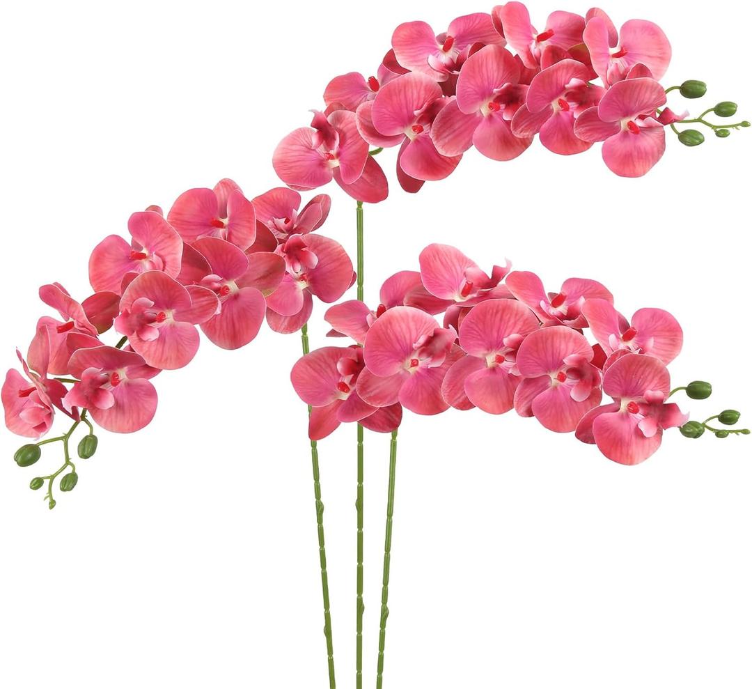 Orchids Artificial Flowers 34" Artificial Orchids Faux Orchid Stems Latex 3PCS Fake Orchids for Home Bridal Shower Party Wedding Decoration (Hot Pink)