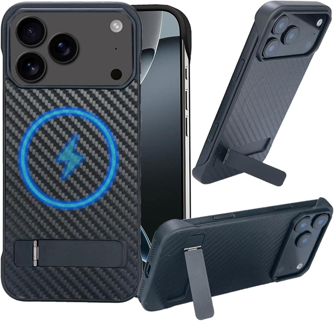 for iPhone 17 Pro Max Case Compatible with MagSafe, Built-in 3 Ways Kickstand & Strong Magnetic, Frameless Carbon Fiber Bump Texture, Minimalist Borderless Case for iPhone 17 Pro Max (Black)