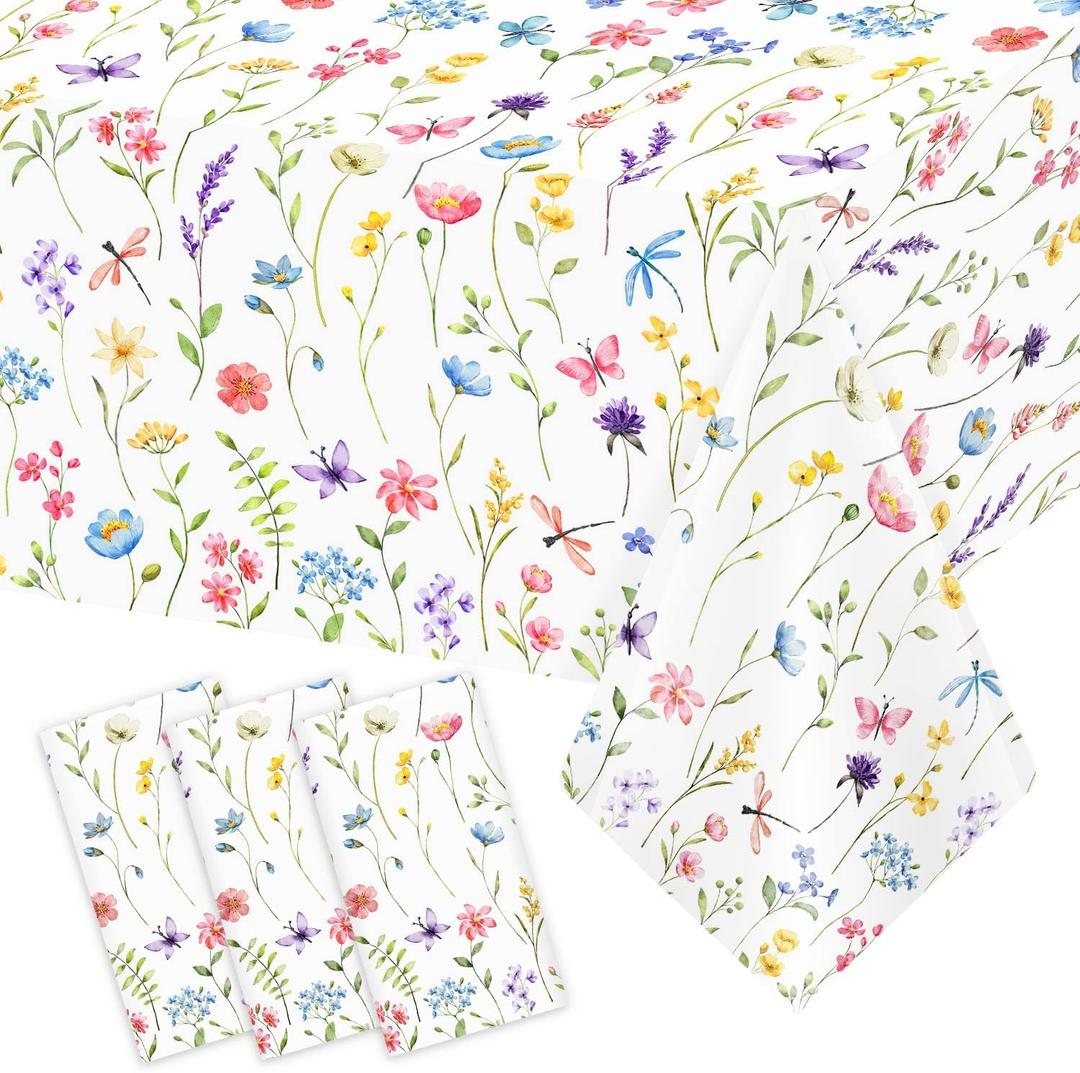 Homanu 3 Pack Wildflower Party Decorations Tablecloths, Large Size 54 X 108 Inch Rectangle Floral Tablecloth Plastic Table Cover for Birthday Party Baby Shower Decorations