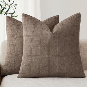 Foindtower Set of 2 Decorative Linen Check Throw Pillow Covers Neutral Farmhouse Vintage Cushion Covers Modern Boho Home Decor for Sofa Chair Couch Bedroom Living Room Outdoor,2222 Inch,Taupe Grey