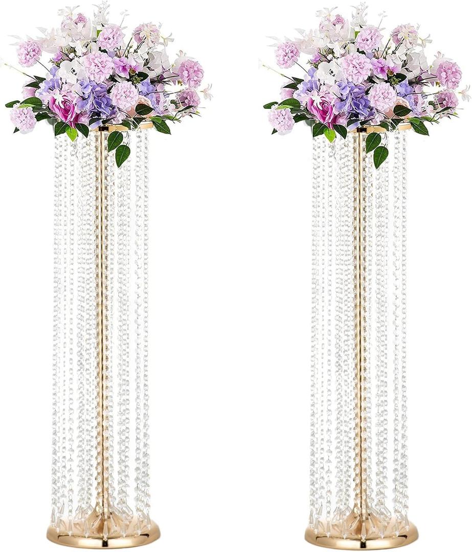 Set of 2 Luxurious Crystal Flower Stand Wedding Centerpieces on Floor Tall Metal Flower Arrangement Stand Tabletop Flower Vase for Wedding Party Hotel Home Decor (35.4"2pcs, Gold)