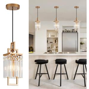 lighceac Modern Gold Pendant Light Fixtures for Kitchen Island and Dining Room, Industrial Small Hanging Crystal Chandelier Light Fixture for Bedroom Entryway Living Room Foyer Hallway 3-Pack