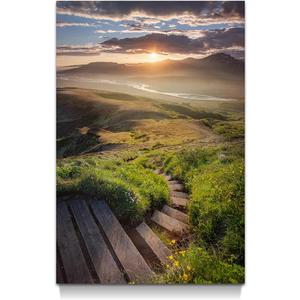 artopia Mountain Lake Canvas Wall Art: Lakeside Grass and Sunrise, Sunset Picture Decor, Stair Painting for Living Room, Bedroom, 24x36