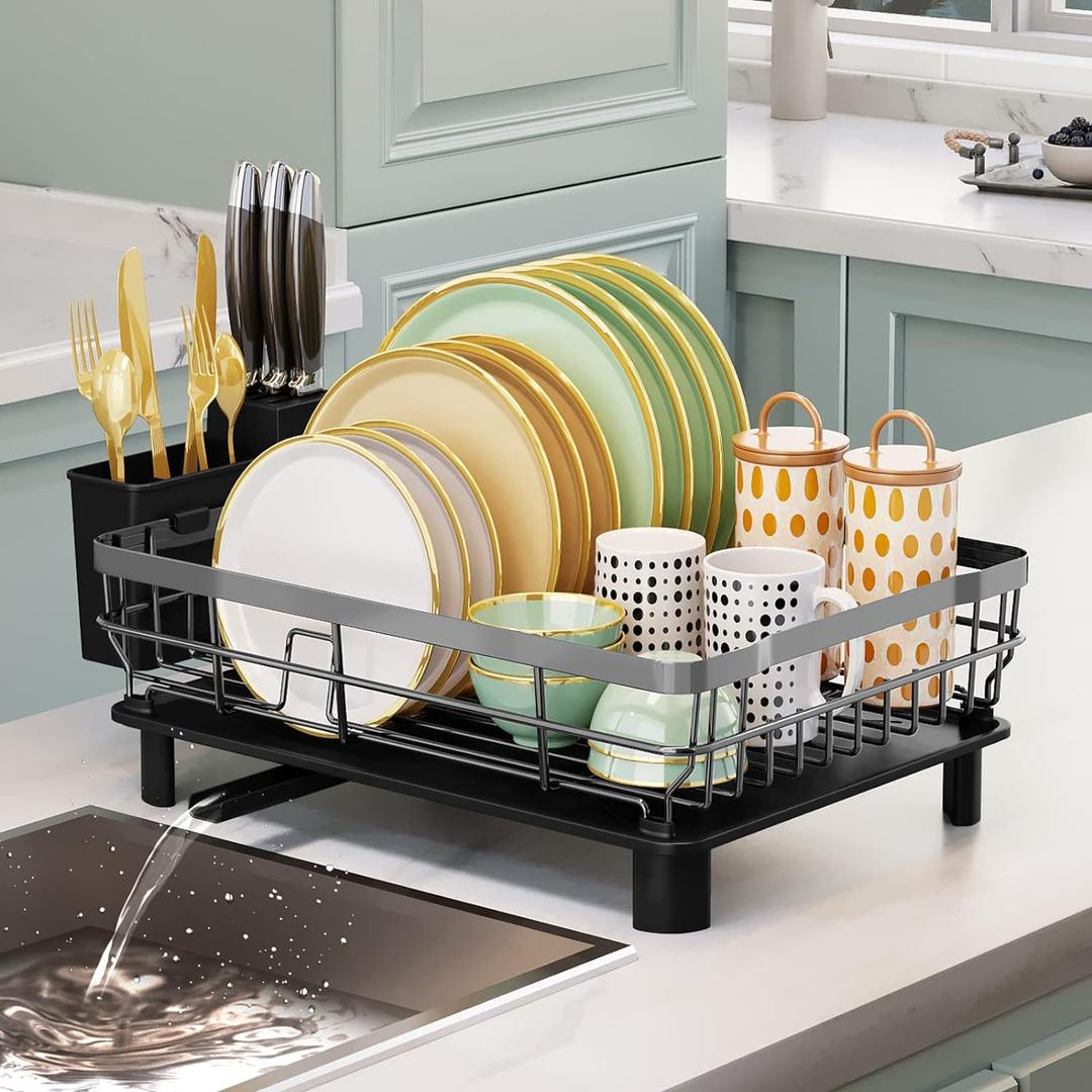 Iron Dish Drying Rack with Drainboard Dish Drainers for Kitchen Counter Extendable Spout Strainers with Utensil Holder and Knife Slots, Grey (Gray)