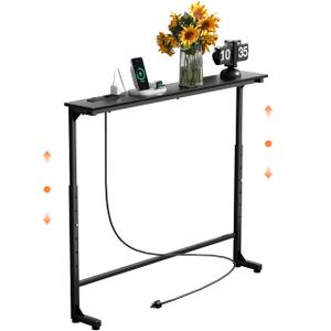 GRLEAF 45" Adjustable Height Narrow Console Table with Power Outlets, Long Sofa Table with Charging Station Behind Couch Table Skinny Entryway Table for Living Room, Hallway and Office – Black
