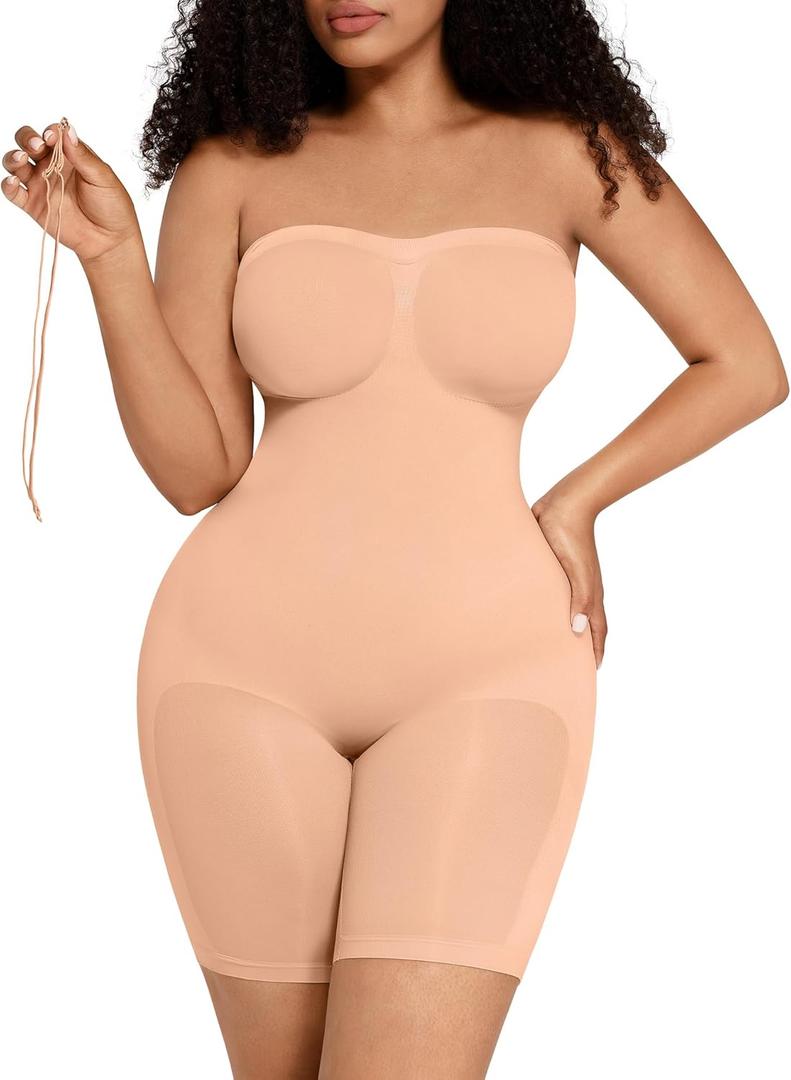 FeelinGirl Strapless Bodysuit for Women Tummy Control Shapewear Seamless Sculpt Body Shaper with Removable Straps (Large, Nude)