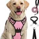 FURRYFECTION Plaid Dog Harness for Large Dogs, Reflective No Pull Adjustable Pet Vest with Front Clip, Leash, Easy Control Handle and Seat Belt, Pink, L