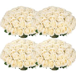 100 PCS Fake Champagne Roses, Artificial Champagne Flowers Bulk Realistic Silk Faux Rose with Stems for Wedding Decoration Anniversary Bridal Bouquet DIY Floral Arrangement Romantic Home Decor Gifts