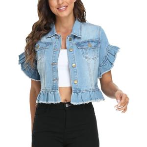 MISS MOLY Women's Denim Jacket Ruffle Sleeve Button Down Distressed Summer Cropped Jean Jackets, Small