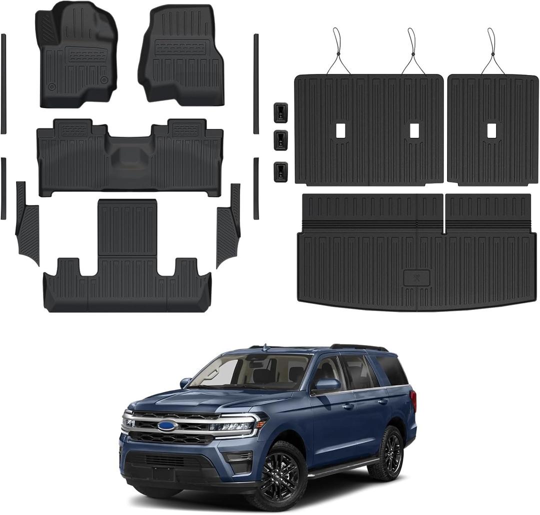 Floor Mats for Ford Expedition 2018-2024, All Weather Floor Mats Trunk Cargo Liner with Backrest Protectors and Door Sill Guards Accessories, Full Coverage Set (Fit 7 Sests)