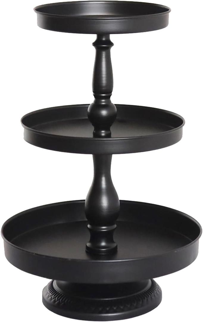Metal Tiered Tray Stand for Farmhouse Kitchen Table Decor - Three Tier Cake Stand & Serving Tray, Ideal for Cakes, Fruits, Desserts (Black)