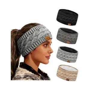 4-Pack Womens Winter Headbands Fuzzy Fleece Lined Cable Knit Ear Warmer Thick Warm Crochet Head Wrap Gifts Stocking Stuffers Criss-Cross Pattern Cold Weather Black Deep Light Grey Beige