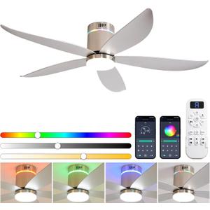 Carrefour 52 Inch Ceiling Fan with Light,Flush Mount Ceiling Fan with Remote and Speaker, Reversible, RGB Light, Dimmable, Quiet,Low Profile Ceiling Fans for Bedroom Indoor/Outdoor Use, Nickel (Matte Silver)