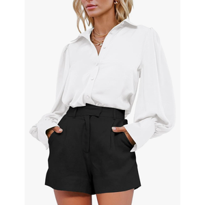 BTFBM Women Satin Button Down Shirts Summer Spring Lantern Long Sleeve Lapel V Neck Blouse Loose Casual Office Work Tops, S