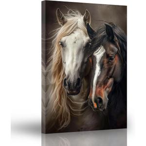 ARTZGX Horse Wall Art Black White and Brown Horse Poster Canvas Running Animals Pictures Painting for Living Room Decor Frame(White 16L x 24W)