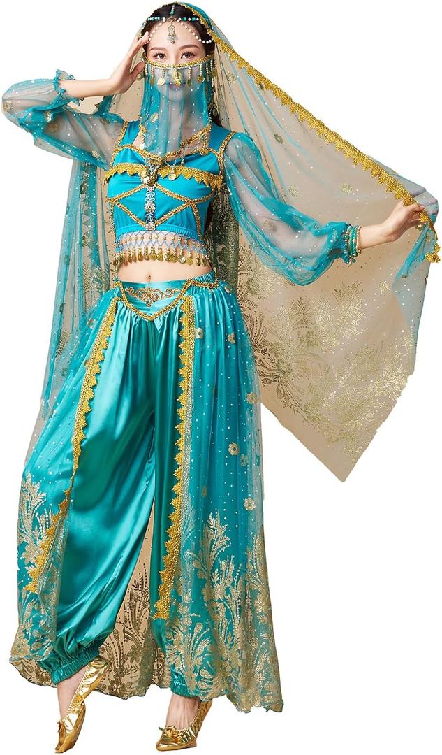 ORIDOOR Women's New Aladdin Jasmine Princess Belly Dance Halloween Costume Set Belly Dance for Dress Up Party 5 Piece Outfit, Xlarge