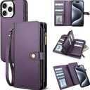 TwoHead Wallet Case Compatible with iPhone 15 Pro,Detachable Magnetic Phone Case,All-Round Protective Leather Phone Case with Card Holder,6.1 in,Deep Purple