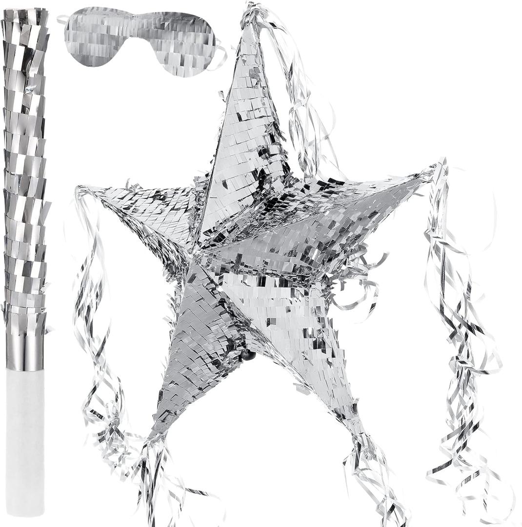 Foil Star Piata with Blindfold and Bat for Birthday Foldable Star Shape Piata with Stick Festive Fiesta Party Supplies Favors for Mexican Party(Silver) (23.6 x 23.6 Inches)