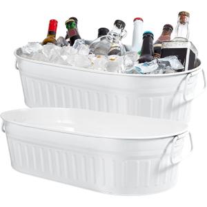 Lallisa 2 Pcs 5.3 gallons Galvanized Beverage Tub Galvanized Bucket Metal Ice and Drink Bucket with Handles Tub for Parties Farmhouse Home Pool Bar (White) (EXP 12/31/36)