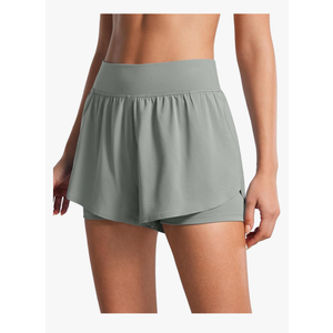 CRZ YOGA 2 in 1 Dolphin Running Shorts for Women High Waisted Gym Workout Athletic Tennis Shorts with Pockets Split (L, Grey)