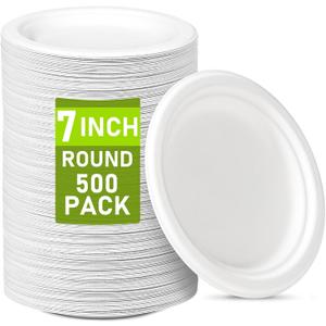 Small Paper Plates 7 Inch 500 Pack, Heavy Duty Eco Friendly Disposable Plates, Compostable Dessert Plates Bulk for Party, Appetizer, Cake, White