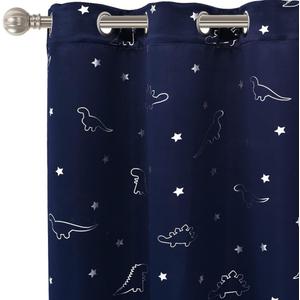 LORDTEX Dinosaur and Star Foil Print Blackout Curtains for Kids Room - Thermal Insulated Curtains Noise Reducing Window Drapes for Boys and Girls Bedroom, 42 x 84 Inch, Navy, Set of 2 Panels