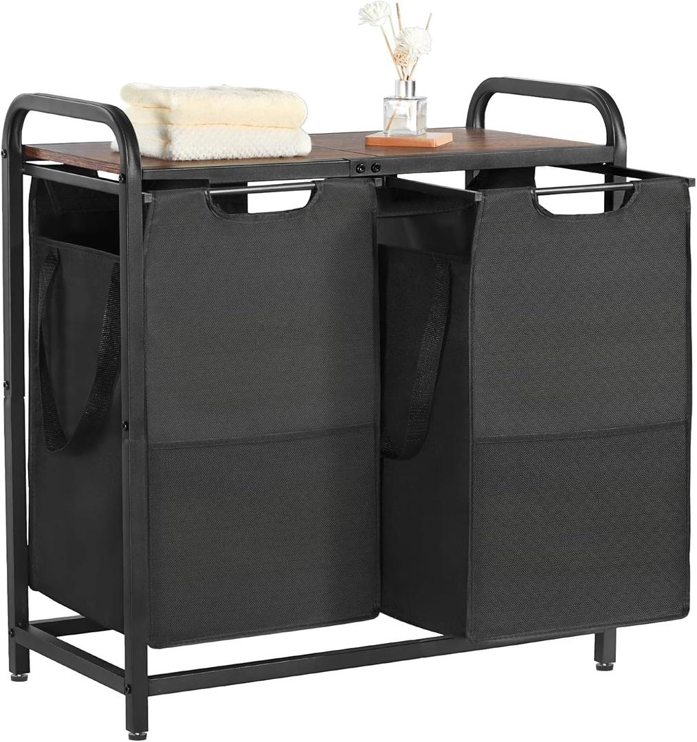 VEVOR 2 Section Laundry Sorter, Large Laundry Hamper with Metal Frame and Wooden Tabletop, Freestanding Storage Organizer Baskets with Pull-Out 600D Oxford Cloth Bags for Dirty Clothes, Bathroom