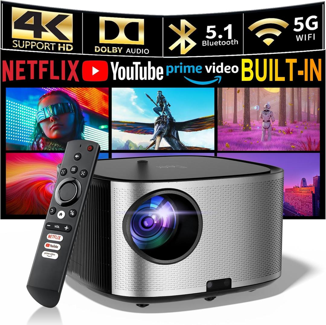 [Netflix Officially & Auto Focus] MEER 4K Projector with Built-in APPs, 3D DoIby Audio Movie Projector, Auto Keystone Outdoor Projector with WiFi and Bluetooth, 500 ANSI Smart Proyector