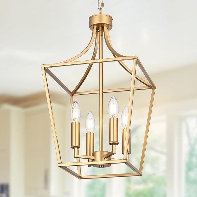 WINSHEN 4-Light Gold Lantern Chandelier Adjustable Height, Kitchen Island Lighting Hanging Ceiling Pendant for Over Table Dining Room Foyer, E12 Bulb Base