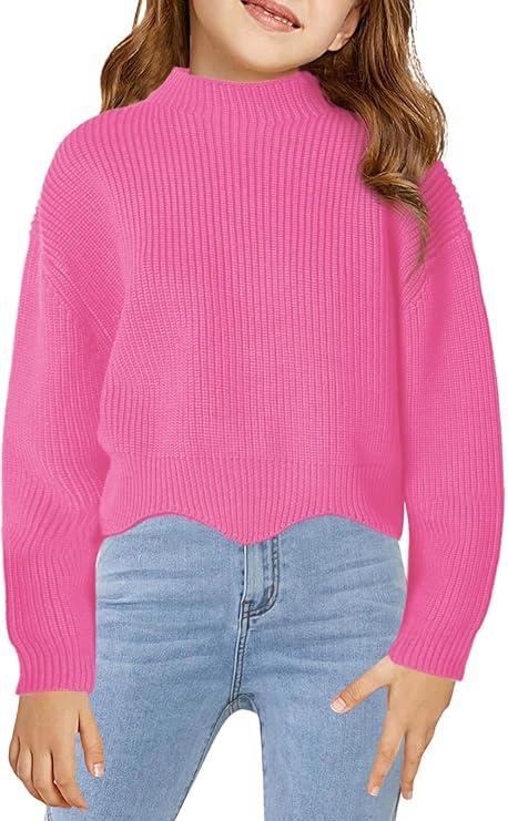 Haloumoning Girls Mock Neck Sweaters Kids Fall Fashion Long Batwing Sleeve Rib Knit Pullover Clothes 5-6 Years (Pink)