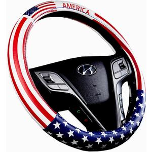 Dotesy Leather Auto Steering Wheel Cover, Fashion Flag Style Car Steering Wheel Cover Protector Universal for 36.5-38cm (American Flag)